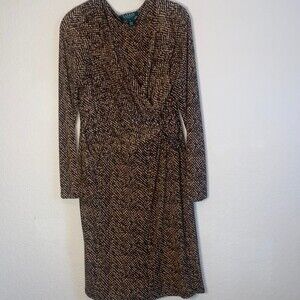 Lauren Ralph Lauren 8 animal stretchy twisted faux wrap long sleeve dress midi